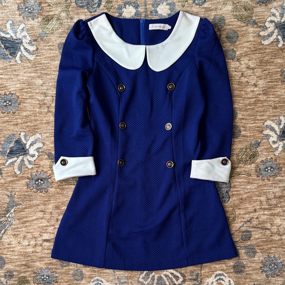 Blue Double-Breasted Dress with White Collar